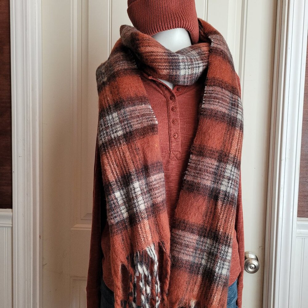 Gap Copper Plaid Braided Fringe Scarf NWT